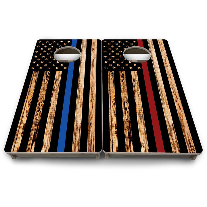 Blue & Red Line Burnt Flag - Mini or Vacation Size Cornhole Boards