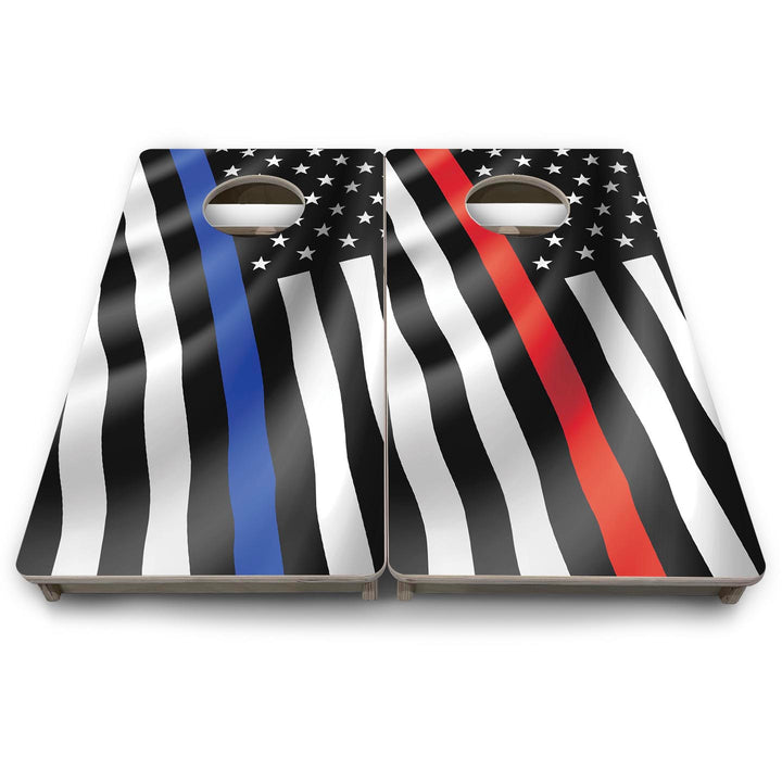B&W Blue & Red Line Wavy Flag - Mini or Vacation Size Cornhole Boards