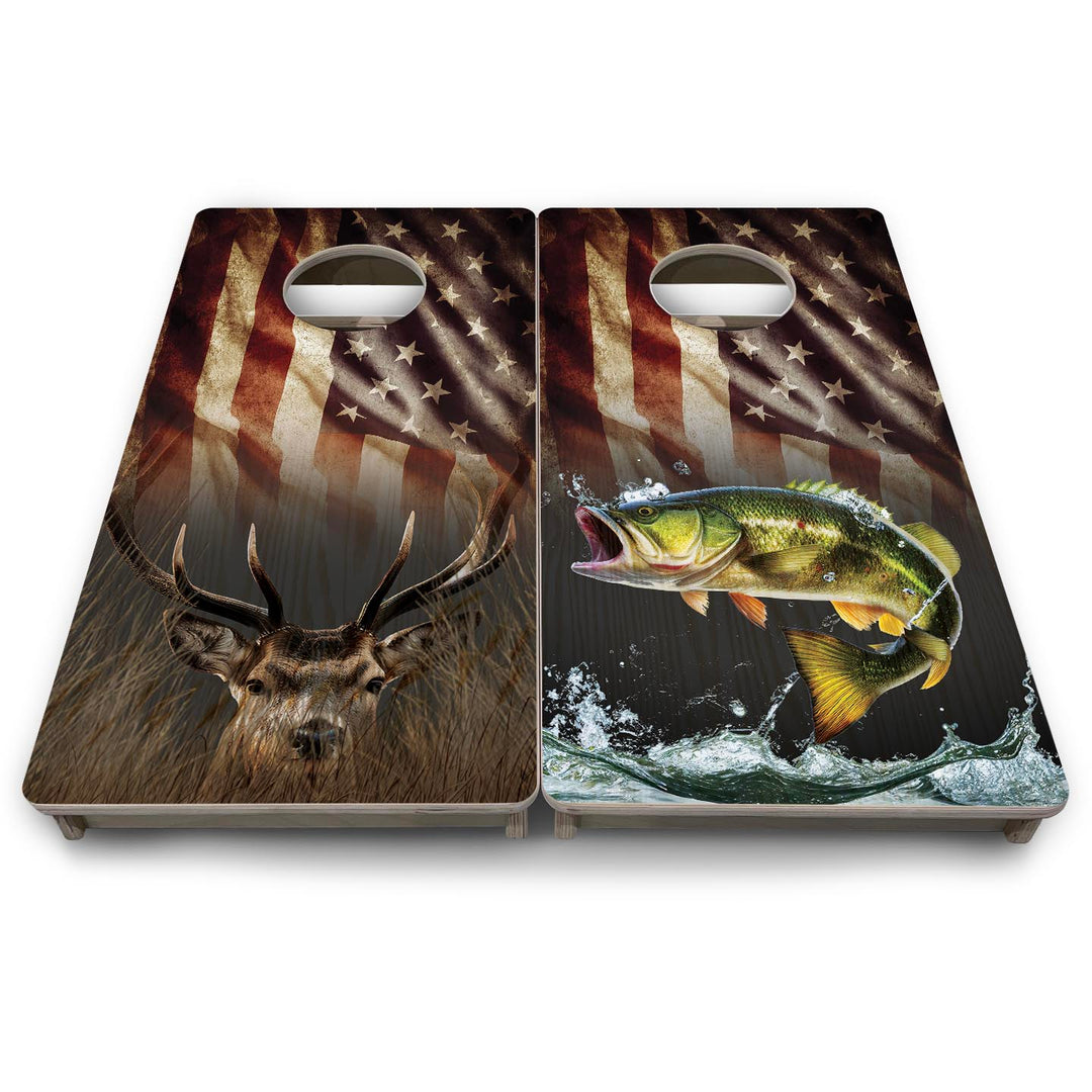 Rustic Wavy Deer & Fish Flag - Mini or Vacation Size Cornhole Boards