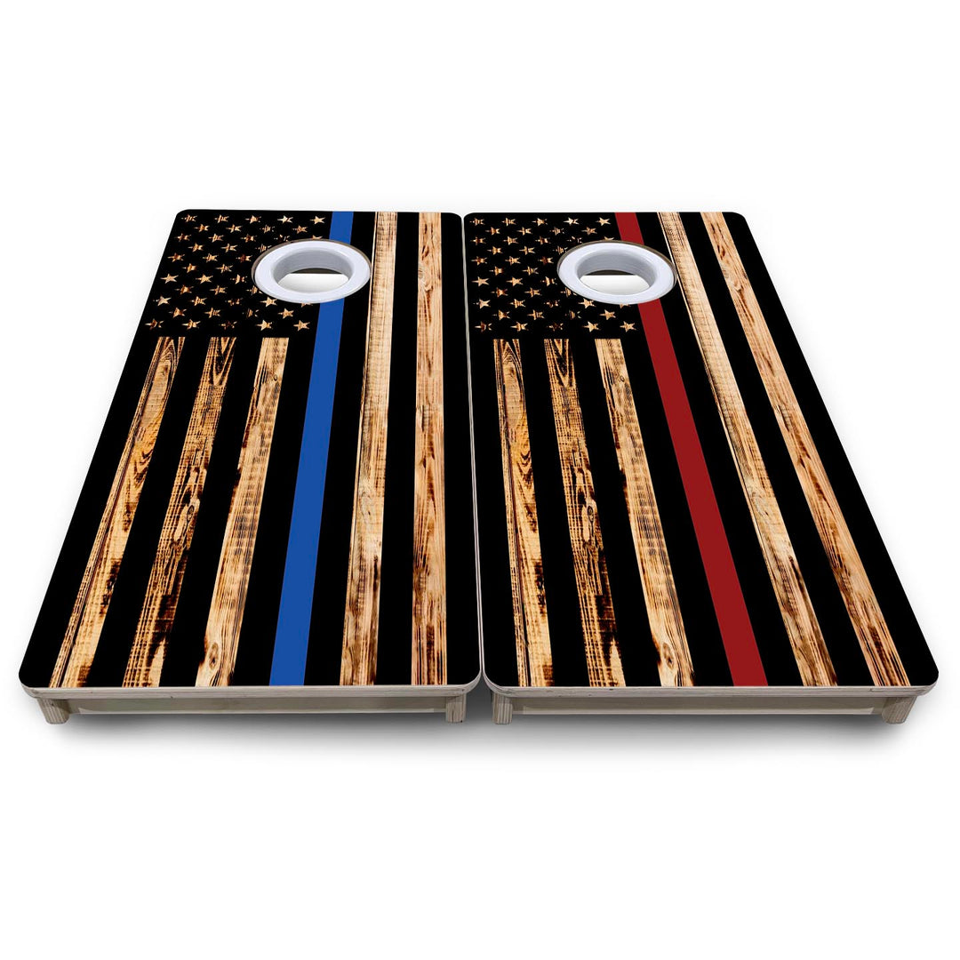 Blue & Red Line Burnt Flag - Mini or Vacation Size Cornhole Boards