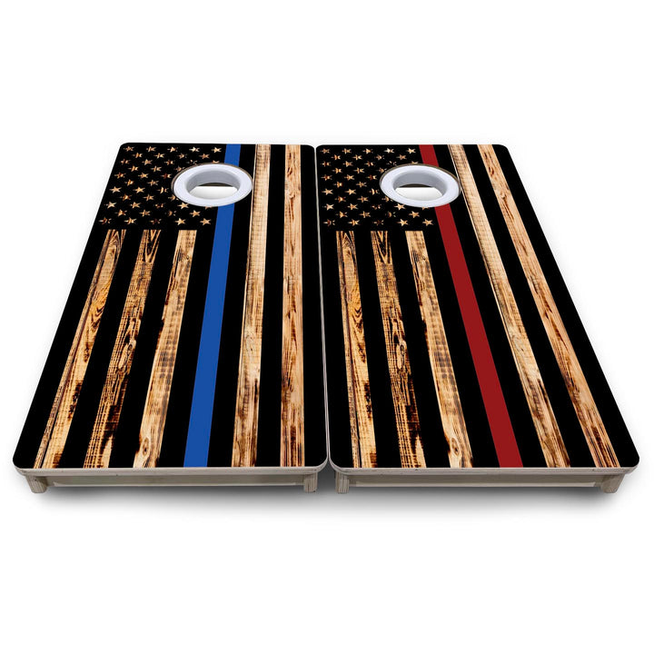 Blue & Red Line Burnt Flag - Mini or Vacation Size Cornhole Boards