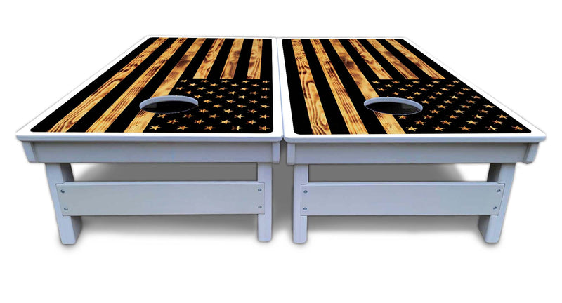 Waterproof - Burnt Rustic Flag - All Weather Boards "Outdoor Solution" 18mm(3/4")Direct UV Printed - Regulation 2' by 4' Cornhole Boards (Set of 2 Boards) Double Thick Legs, with Leg Brace & Dual Support Braces!