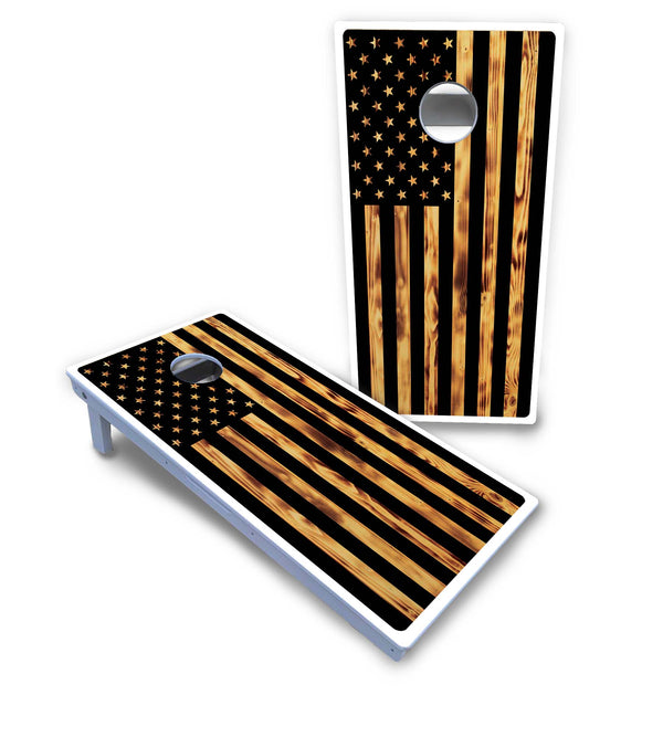 Waterproof - Burnt Rustic Flag - All Weather Boards "Outdoor Solution" 18mm(3/4")Direct UV Printed - Regulation 2' by 4' Cornhole Boards (Set of 2 Boards) Double Thick Legs, with Leg Brace & Dual Support Braces!