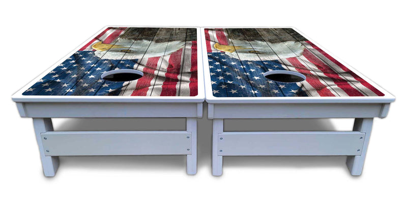 Waterproof - Faded Eagle Flag - All Weather Boards "Outdoor Solution" 18mm(3/4")Direct UV Printed - Regulation 2' by 4' Cornhole Boards (Set of 2 Boards) Double Thick Legs, with Leg Brace & Dual Support Braces!
