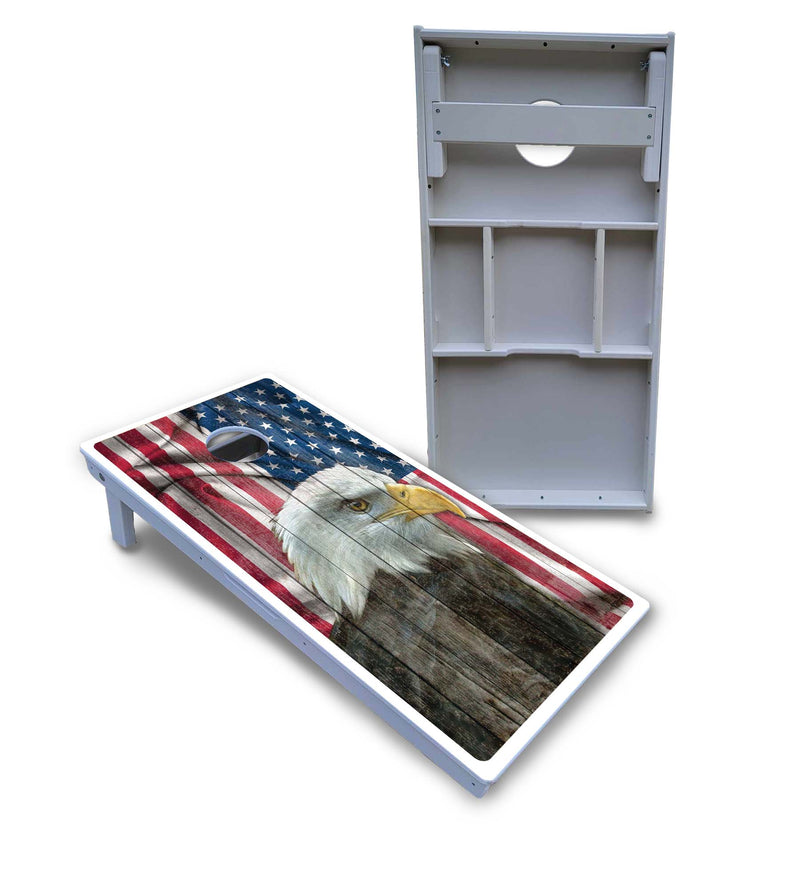 Waterproof - Faded Eagle Flag - All Weather Boards "Outdoor Solution" 18mm(3/4")Direct UV Printed - Regulation 2' by 4' Cornhole Boards (Set of 2 Boards) Double Thick Legs, with Leg Brace & Dual Support Braces!