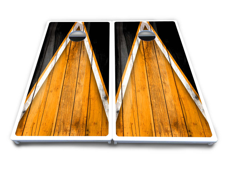 Waterproof - Orange/Black Triangle - All Weather Boards "Outdoor Solution" 18mm(3/4")Direct UV Printed - Regulation 2' by 4' Cornhole Boards (Set of 2 Boards) Double Thick Legs, with Leg Brace & Dual Support Braces!