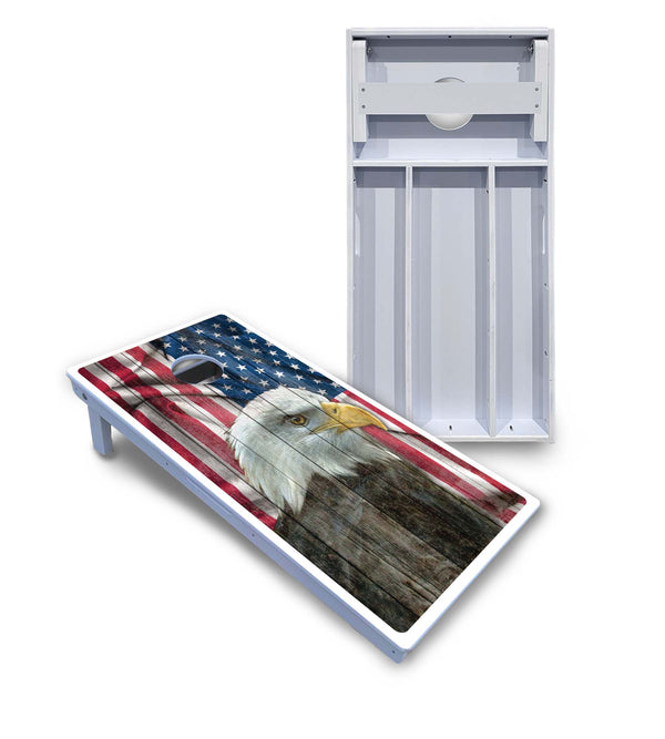 Waterproof - Faded Eagle Flag - All Weather Boards "Outdoor Solution" 18mm(3/4")Direct UV Printed - Regulation 2' by 4' Cornhole Boards (Set of 2 Boards) Double Thick Legs, with Leg Brace & Dual Support Braces!