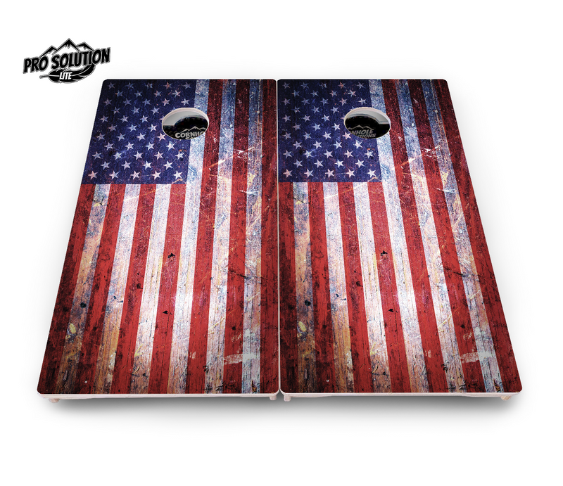 Pro Solution Lite - Weathered Flag - Professional Tournament Cornhole Boards 3/4" Baltic Birch - Zero Bounce Zero Movement Vertical Interlocking Braces for Extra Weight & Stability +Double Thick Legs +Airmail Blocker