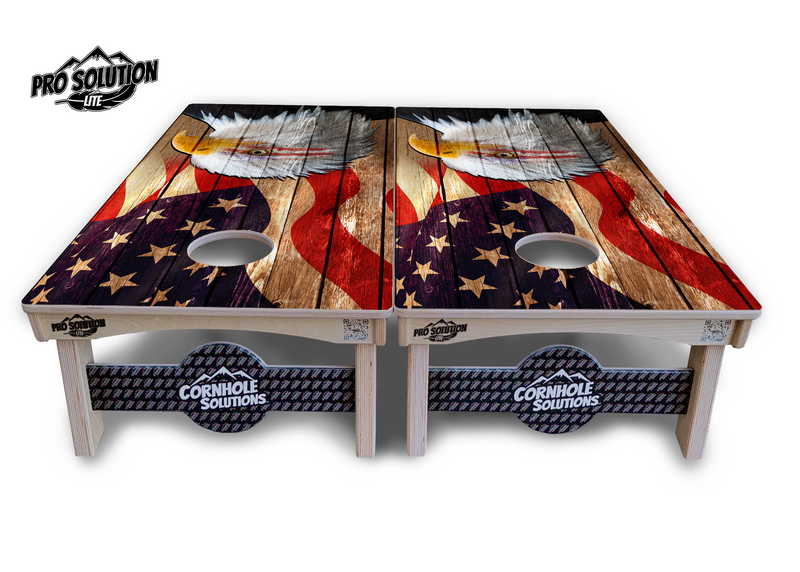 Pro Solution Lite - Wooden Eagle Flag - Professional Tournament Cornhole Boards 3/4" Baltic Birch - Zero Bounce Zero Movement Vertical Interlocking Braces for Extra Weight & Stability +Double Thick Legs +Airmail Blocker