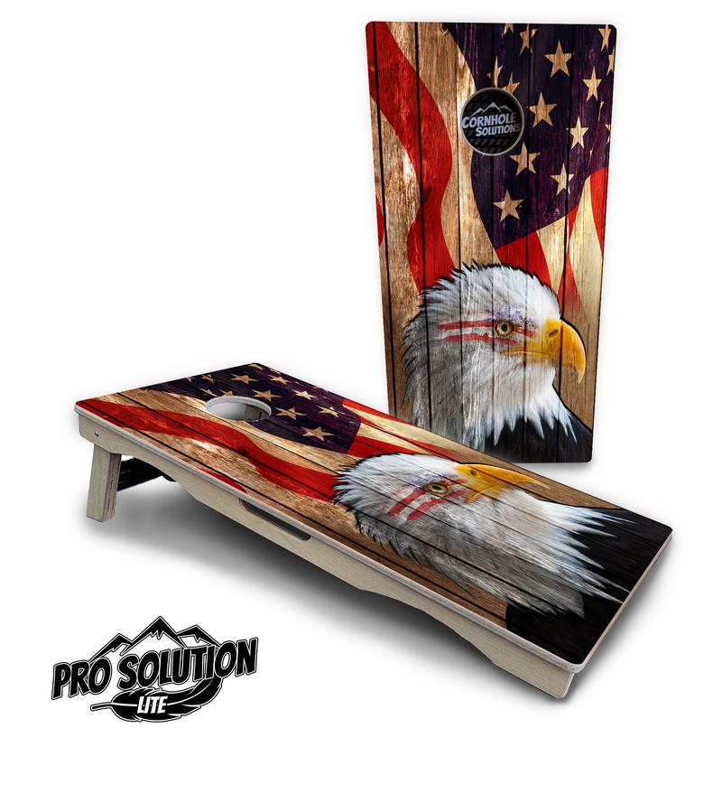 Pro Solution Lite - Wooden Eagle Flag - Professional Tournament Cornhole Boards 3/4" Baltic Birch - Zero Bounce Zero Movement Vertical Interlocking Braces for Extra Weight & Stability +Double Thick Legs +Airmail Blocker