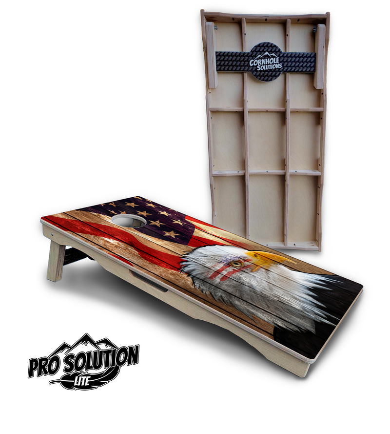 Pro Solution Lite - Wooden Eagle Flag - Professional Tournament Cornhole Boards 3/4" Baltic Birch - Zero Bounce Zero Movement Vertical Interlocking Braces for Extra Weight & Stability +Double Thick Legs +Airmail Blocker