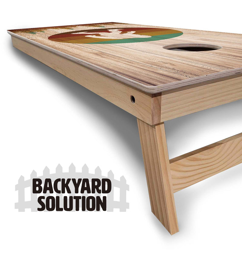 Backyard Solution Boards - Bigfoot Circle Design - Regulation 2'x4' Boards - 15mm Baltic Birch Tops - Solid Wood Frames + Folding Legs w/Brace + (1) Support Brace + UV Direct Print + UV Clear Coat