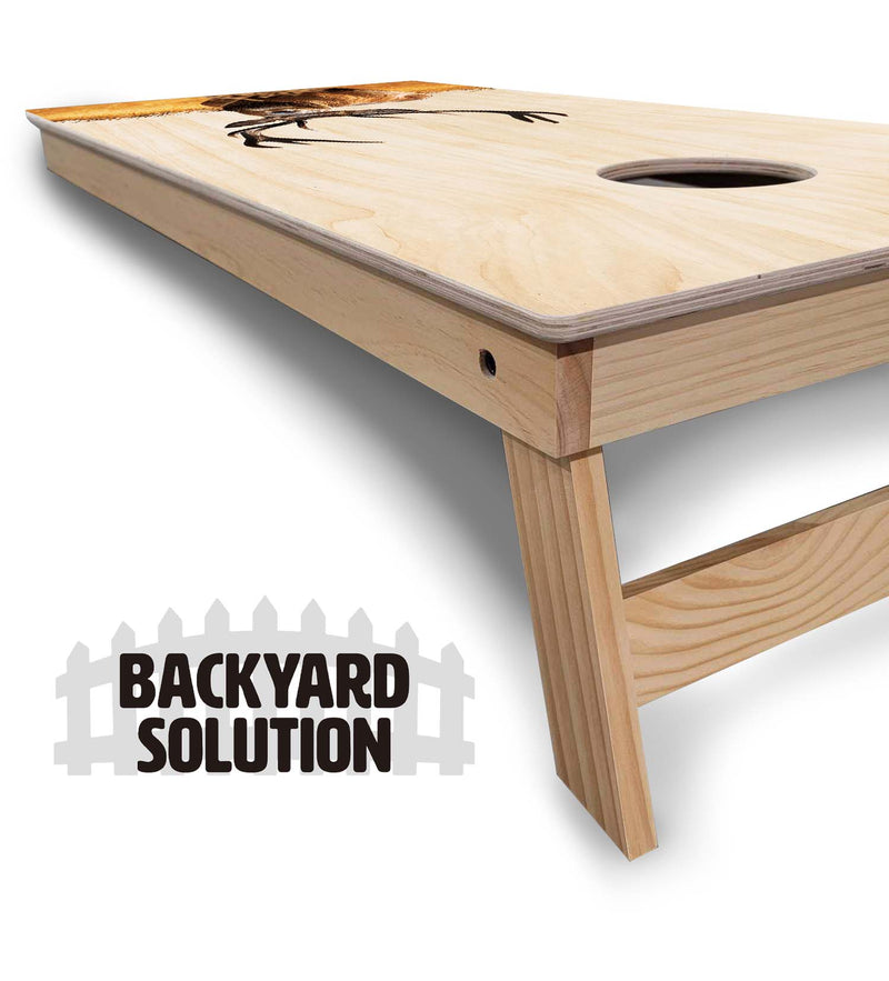 Backyard Solution Boards - Natural Deer & Fish Options - Regulation 2'x4' Boards - 15mm Baltic Birch Tops - Solid Wood Frames + Folding Legs w/Brace + (1) Support Brace + UV Direct Print + UV Clear Coat