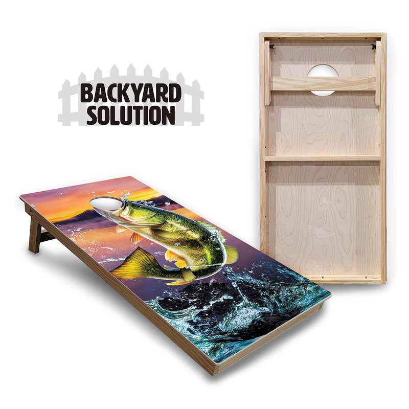 Backyard Solution Boards - Bass Hole - Regulation 2'x4' Boards - 15mm Baltic Birch Tops - Solid Wood Frames + Folding Legs w/Brace + (1) Support Brace + UV Direct Print + UV Clear Coat
