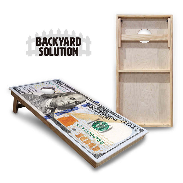 Backyard Solution Boards - $100 Bill - Regulation 2'x4' Boards - 15mm Baltic Birch Tops - Solid Wood Frames + Folding Legs w/Brace + (1) Support Brace + UV Direct Print + UV Clear Coat