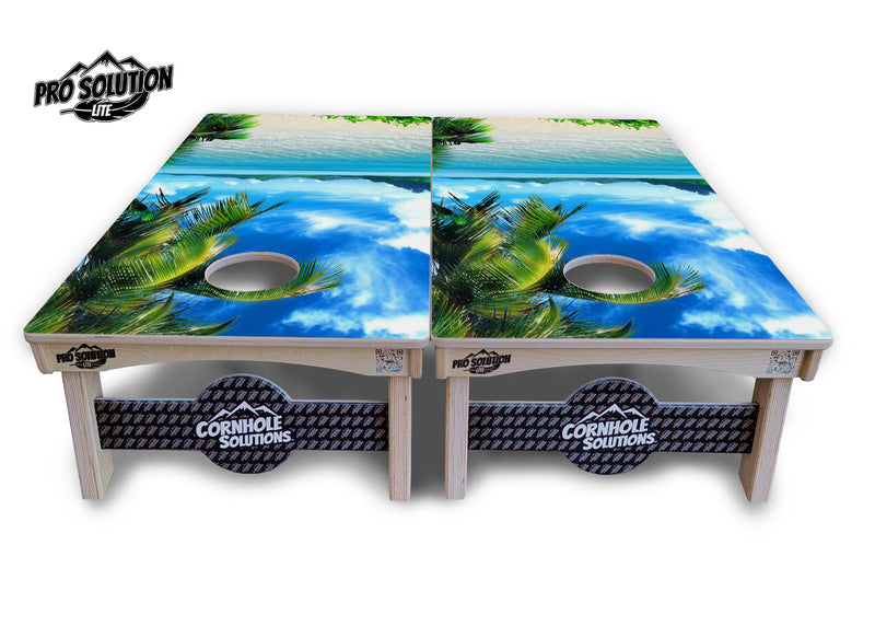 Pro Solution Lite - Island Beach Scene - Professional Tournament Cornhole Boards 3/4" Baltic Birch - Zero Bounce Zero Movement Vertical Interlocking Braces for Extra Weight & Stability +Double Thick Legs +Airmail Blocker