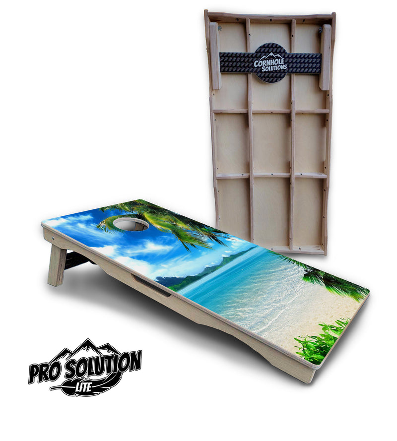 Pro Solution Lite - Beach Mountain Scene - Professional Tournament Cornhole Boards 3/4" Baltic Birch - Zero Bounce Zero Movement Vertical Interlocking Braces for Extra Weight & Stability +Double Thick Legs +Airmail Blocker