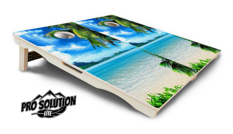 Pro Solution Lite - Island Beach Scene - Professional Tournament Cornhole Boards 3/4" Baltic Birch - Zero Bounce Zero Movement Vertical Interlocking Braces for Extra Weight & Stability +Double Thick Legs +Airmail Blocker