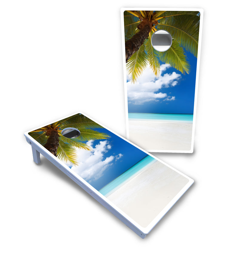 Waterproof - Beach Palm Tree Design - All Weather Boards "Outdoor Solution" 18mm(3/4")Direct UV Printed - Regulation 2' by 4' Cornhole Boards (Set of 2 Boards) Double Thick Legs, with Leg Brace & Dual Support Braces!