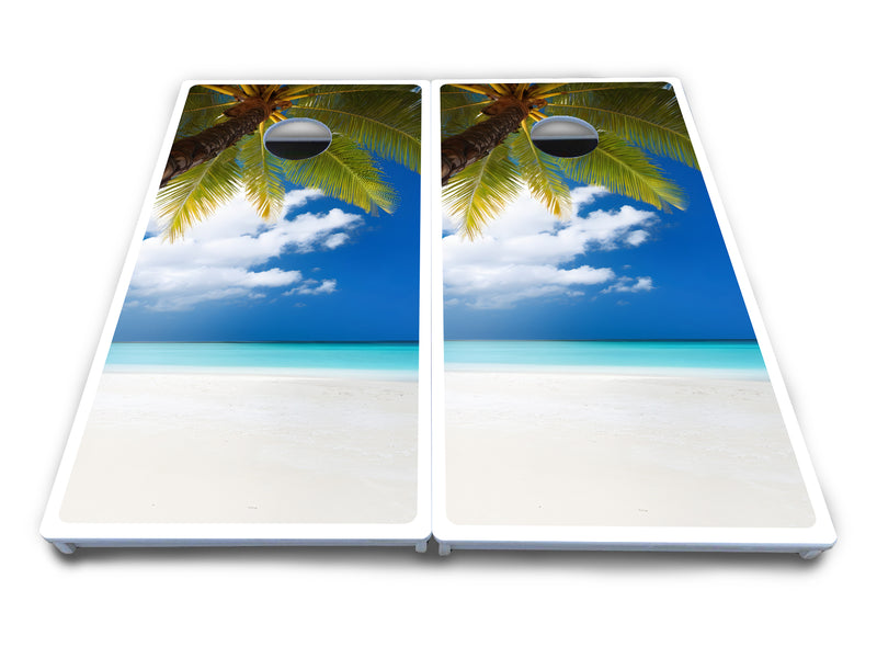 Waterproof - Beach Palm Tree Design - All Weather Boards "Outdoor Solution" 18mm(3/4")Direct UV Printed - Regulation 2' by 4' Cornhole Boards (Set of 2 Boards) Double Thick Legs, with Leg Brace & Dual Support Braces!