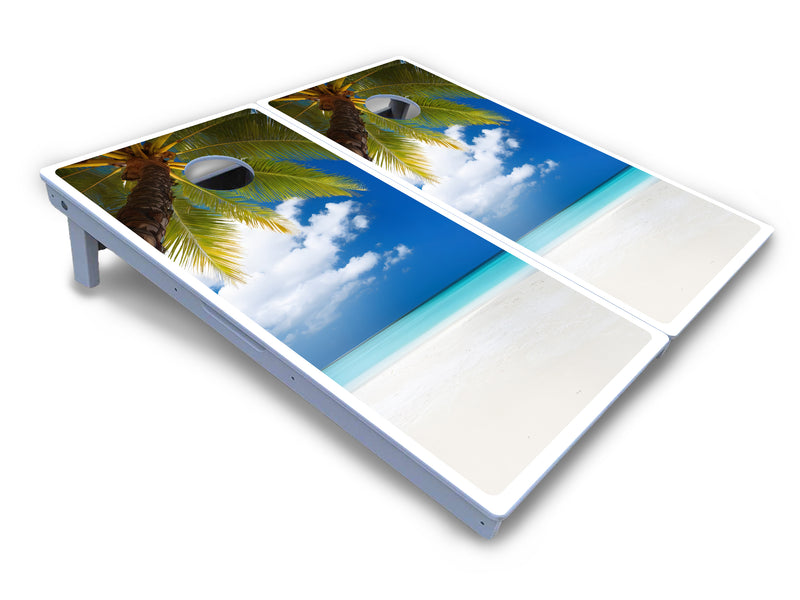 Waterproof - Beach Palm Tree Design - All Weather Boards "Outdoor Solution" 18mm(3/4")Direct UV Printed - Regulation 2' by 4' Cornhole Boards (Set of 2 Boards) Double Thick Legs, with Leg Brace & Dual Support Braces!