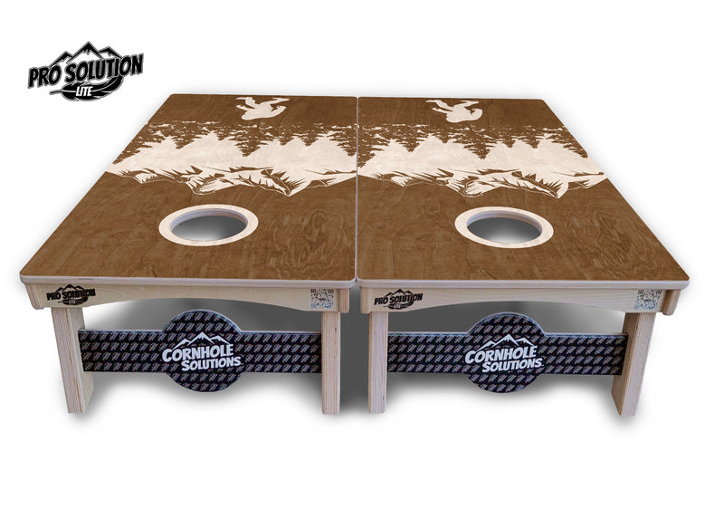 Pro Solution Lite - Bigfoot Mountain Scene - Professional Tournament Cornhole Boards 3/4" Baltic Birch - Zero Bounce Zero Movement Vertical Interlocking Braces for Extra Weight & Stability +Double Thick Legs +Airmail Blocker