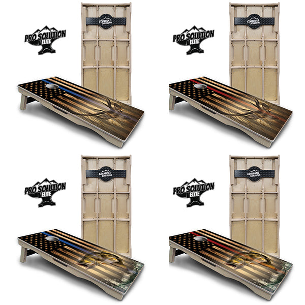 Pro Solution Elite - Blue & Red Line Flag Deer & Fish Design Options - Professional Tournament Cornhole Boards 3/4" Baltic Birch - Zero Bounce Zero Movement Vertical Interlocking Braces for Extra Weight & Stability +Double Thick Legs +Airmail Blocker