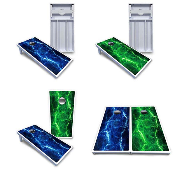 Waterproof - Blue & Green Lightning Design Options - All Weather Boards "Outdoor Solution" 18mm(3/4")Direct UV Printed - Regulation 2' by 4' Cornhole Boards (Set of 2 Boards) Double Thick Legs, with Leg Brace & Dual Support Braces!