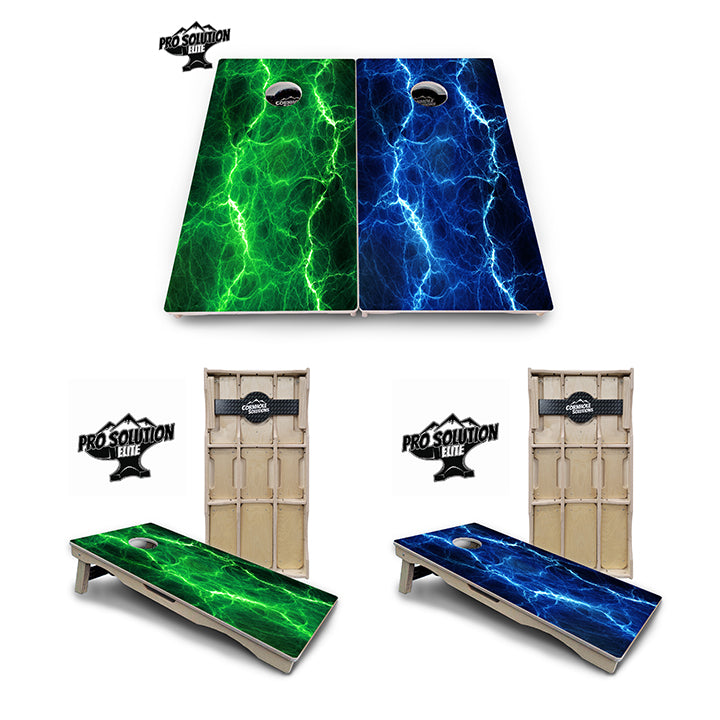 Pro Solution Elite - Blue & Green Lightning Design Options - Professional Tournament Cornhole Boards 3/4" Baltic Birch - Zero Bounce Zero Movement Vertical Interlocking Braces for Extra Weight & Stability +Double Thick Legs +Airmail Blocker