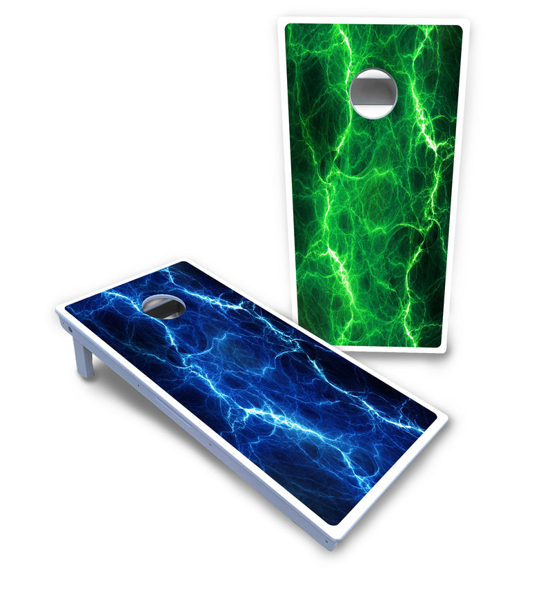 Waterproof - Blue & Green Lightning Design Options - All Weather Boards "Outdoor Solution" 18mm(3/4")Direct UV Printed - Regulation 2' by 4' Cornhole Boards (Set of 2 Boards) Double Thick Legs, with Leg Brace & Dual Support Braces!