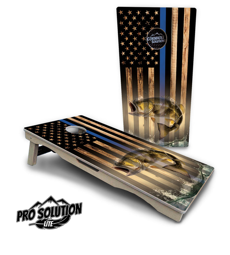 Pro Solution Elite - Blue Line Deer & Fish Flag Design Options - Professional Tournament Cornhole Boards 3/4" Baltic Birch - Zero Bounce Zero Movement Vertical Interlocking Braces for Extra Weight & Stability +Double Thick Legs +Airmail Blocker