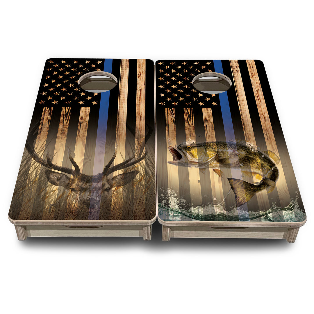 Mini Cornhole Boards - Blue & Red Line Deer & Fish Flag