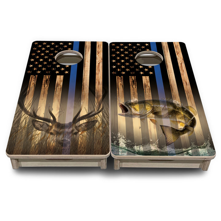 Mini Cornhole Boards - Blue & Red Line Deer & Fish Flag