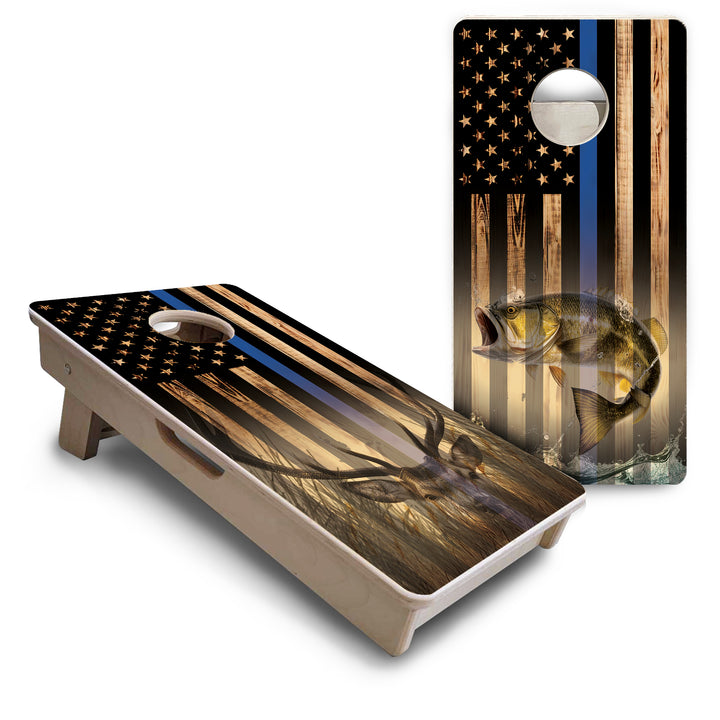 Mini Cornhole Boards - Blue & Red Line Deer & Fish Flag