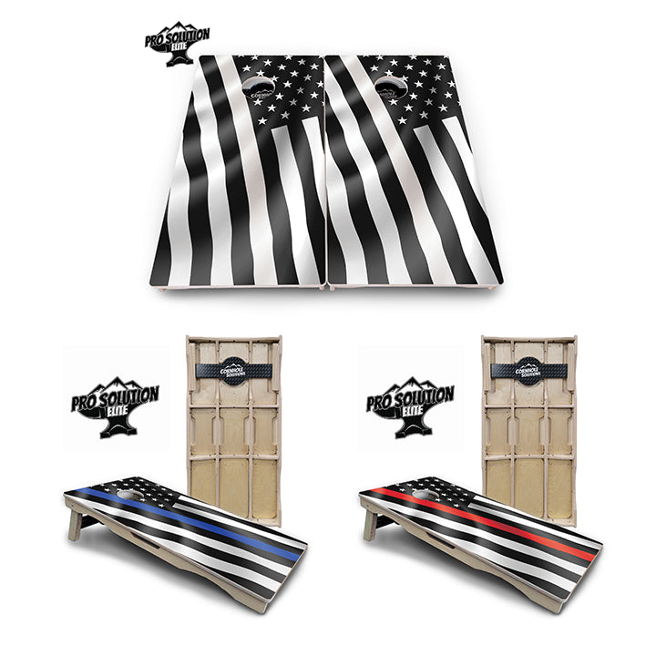 Pro Solution Elite - B&W Wavy Flag Design Options - Professional Tournament Cornhole Boards 3/4" Baltic Birch - Zero Bounce Zero Movement Vertical Interlocking Braces for Extra Weight & Stability +Double Thick Legs +Airmail Blocker