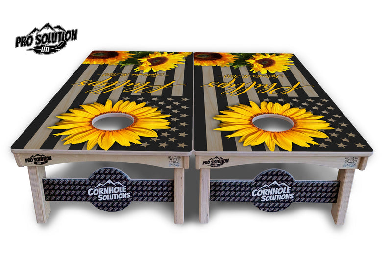 Pro Solution Elite - Custom Sunflower Flag Design - Professional Tournament Cornhole Boards 3/4" Baltic Birch - Zero Bounce Zero Movement Vertical Interlocking Braces for Extra Weight & Stability +Double Thick Legs +Airmail Blocker