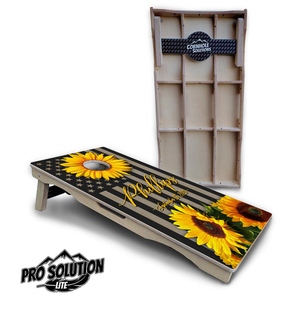 Pro Solution Elite - Custom Sunflower Flag Design - Professional Tournament Cornhole Boards 3/4" Baltic Birch - Zero Bounce Zero Movement Vertical Interlocking Braces for Extra Weight & Stability +Double Thick Legs +Airmail Blocker