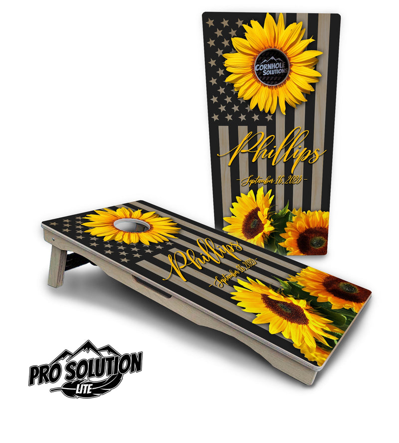 Pro Solution Elite - Custom Sunflower Flag Design - Professional Tournament Cornhole Boards 3/4" Baltic Birch - Zero Bounce Zero Movement Vertical Interlocking Braces for Extra Weight & Stability +Double Thick Legs +Airmail Blocker