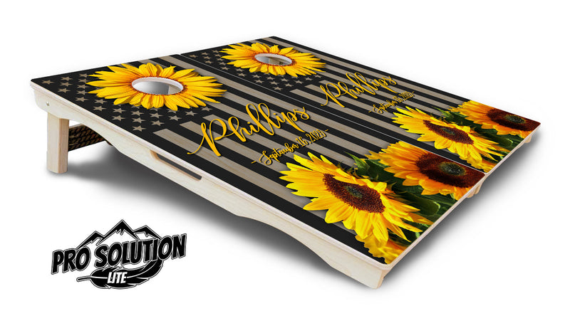 Pro Solution Elite - Custom Sunflower Flag Design - Professional Tournament Cornhole Boards 3/4" Baltic Birch - Zero Bounce Zero Movement Vertical Interlocking Braces for Extra Weight & Stability +Double Thick Legs +Airmail Blocker