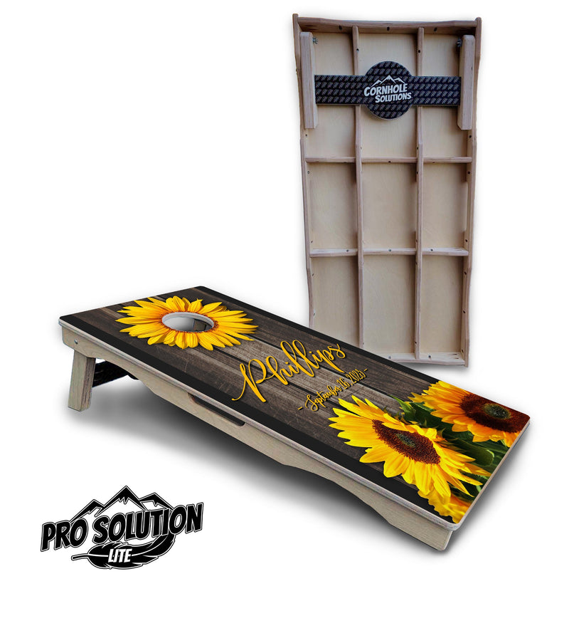 Pro Solution Elite - Custom Sunflower Wood Design - Professional Tournament Cornhole Boards 3/4" Baltic Birch - Zero Bounce Zero Movement Vertical Interlocking Braces for Extra Weight & Stability +Double Thick Legs +Airmail Blocker