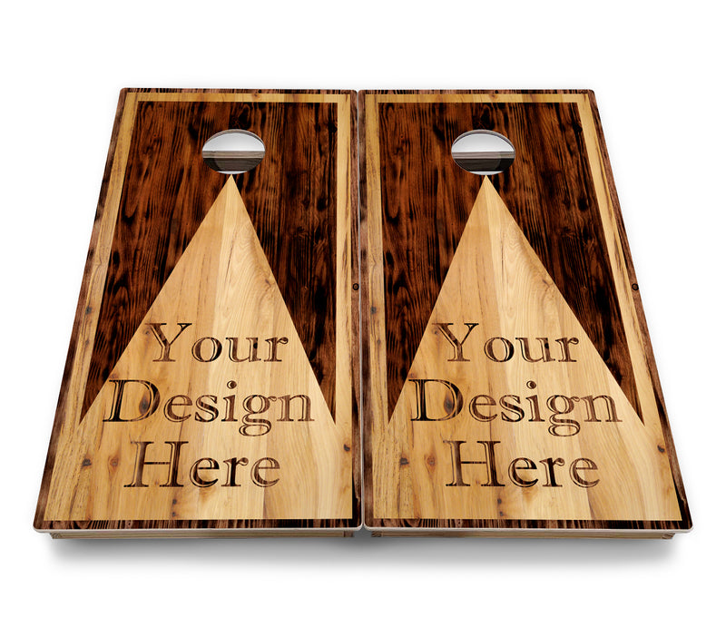 Backyard Solution Boards - Custom Logo w/Wood Triangle Background - Regulation 2'x4' Boards - 15mm Baltic Birch Tops - Solid Wood Frames + Folding Legs w/Brace + (1) Support Brace + UV Direct Print + UV Clear Coat