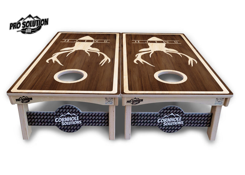 Pro Solution Elite - Dark Stain w/Deer Head Design - Professional Tournament Cornhole Boards 3/4" Baltic Birch - Zero Bounce Zero Movement Vertical Interlocking Braces for Extra Weight & Stability +Double Thick Legs +Airmail Blocker