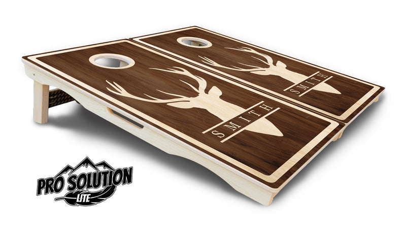 Pro Solution Elite - Dark Stain w/Deer Head Design - Professional Tournament Cornhole Boards 3/4" Baltic Birch - Zero Bounce Zero Movement Vertical Interlocking Braces for Extra Weight & Stability +Double Thick Legs +Airmail Blocker