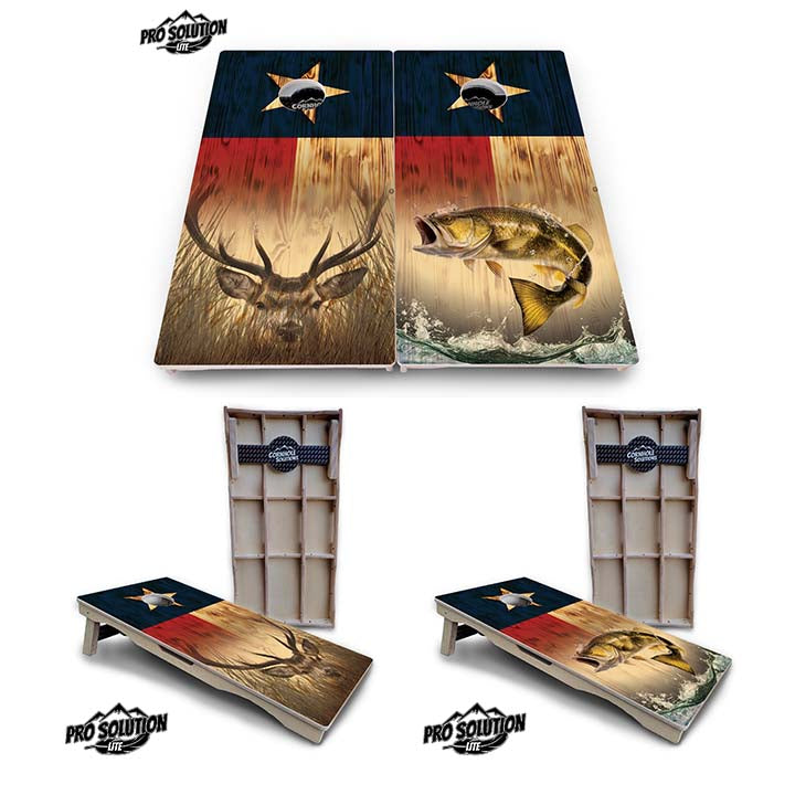 Pro Solution Elite - Texas Flag Deer & Fish Design Options - Professional Tournament Cornhole Boards 3/4" Baltic Birch - Zero Bounce Zero Movement Vertical Interlocking Braces for Extra Weight & Stability +Double Thick Legs +Airmail Blocker