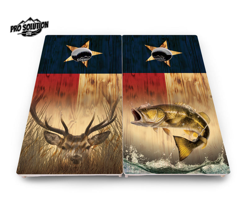 Pro Solution Elite - Texas Flag Deer & Fish Design Options - Professional Tournament Cornhole Boards 3/4" Baltic Birch - Zero Bounce Zero Movement Vertical Interlocking Braces for Extra Weight & Stability +Double Thick Legs +Airmail Blocker