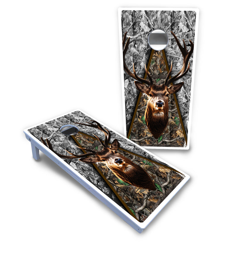 Waterproof - Deer Head Triangle Design - All Weather Boards "Outdoor Solution" 18mm(3/4")Direct UV Printed - Regulation 2' by 4' Cornhole Boards (Set of 2 Boards) Double Thick Legs, with Leg Brace & Dual Support Braces!