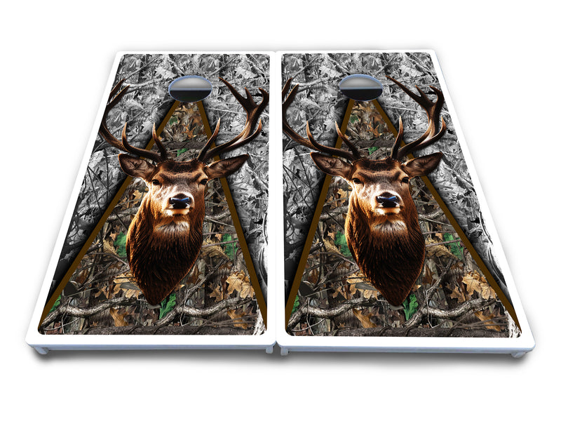 Waterproof - Deer Head Triangle Design - All Weather Boards "Outdoor Solution" 18mm(3/4")Direct UV Printed - Regulation 2' by 4' Cornhole Boards (Set of 2 Boards) Double Thick Legs, with Leg Brace & Dual Support Braces!