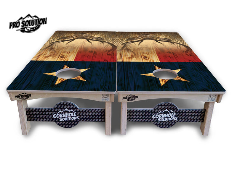 Pro Solution Elite - Texas Flag Deer & Fish Design Options - Professional Tournament Cornhole Boards 3/4" Baltic Birch - Zero Bounce Zero Movement Vertical Interlocking Braces for Extra Weight & Stability +Double Thick Legs +Airmail Blocker