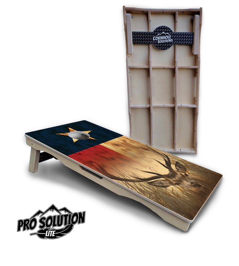 Pro Solution Elite - Texas Flag Deer & Fish Design Options - Professional Tournament Cornhole Boards 3/4" Baltic Birch - Zero Bounce Zero Movement Vertical Interlocking Braces for Extra Weight & Stability +Double Thick Legs +Airmail Blocker