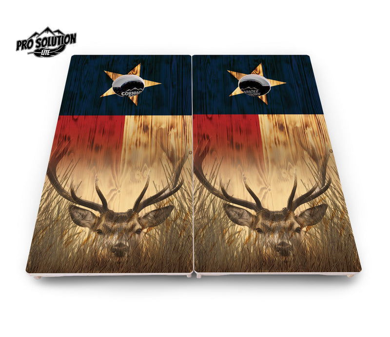 Pro Solution Elite - Texas Flag Deer & Fish Design Options - Professional Tournament Cornhole Boards 3/4" Baltic Birch - Zero Bounce Zero Movement Vertical Interlocking Braces for Extra Weight & Stability +Double Thick Legs +Airmail Blocker